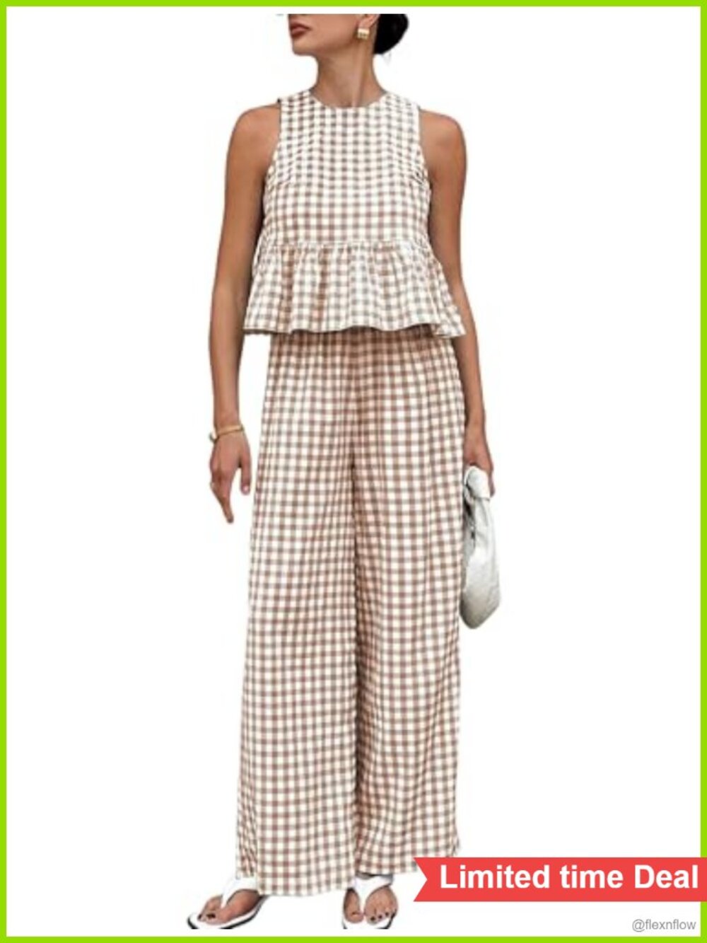 Women's 2 Piece Gingham Set Sleeveless Ruffle Top & Wide-Leg Pants Casual Summer